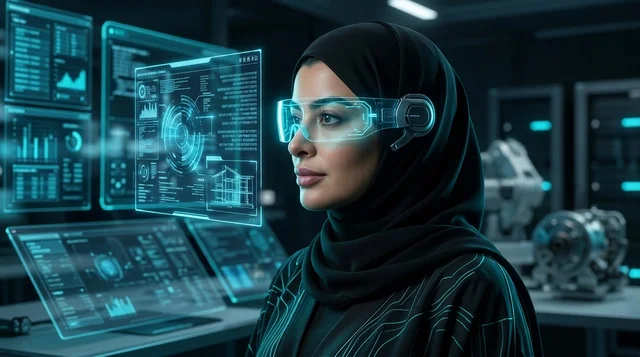 امرأة عربية بالحجاب والعباءة ترتدي نظارات ذكية مستقبلية