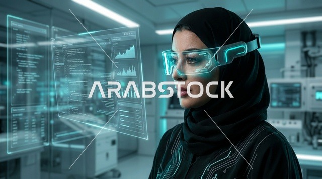 امرأة سعودية بنظارات الواقع الافتراضي في مختبر تقني