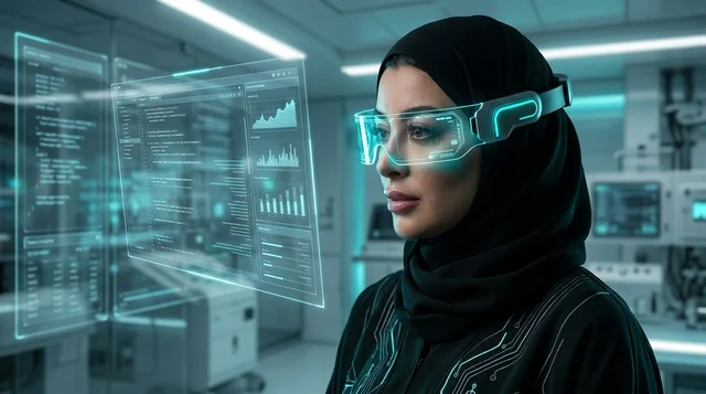 امرأة سعودية بنظارات الواقع الافتراضي في مختبر تقني