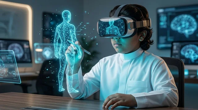 Saudi Boy with VR Headset Examining 3D Human Hologram