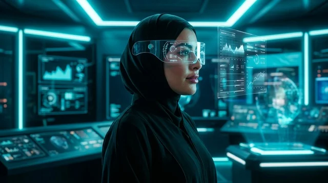 امرأة إماراتية بنظارات ذكية في غرفة تحكم مستقبلية