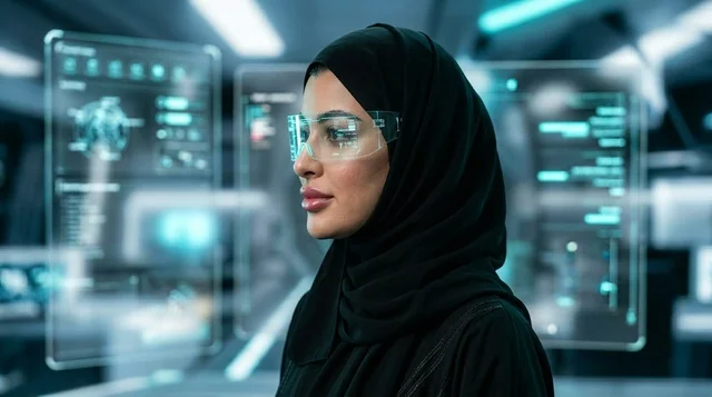 امرأة عربية بالحجاب ترتدي نظارات ذكية بمختبر مستقبلي