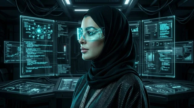Saudi Woman in Hijab Wearing Smart Tech Glasses in Lab