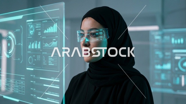 امرأة سعودية تستخدم نظارات ذكية وشاشات هولوغرافية متطورة