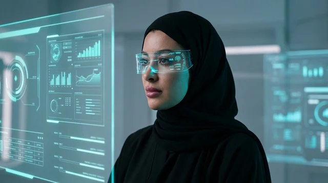 امرأة سعودية تستخدم نظارات ذكية وشاشات هولوغرافية متطورة