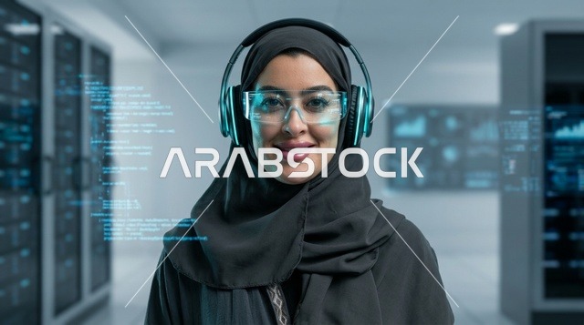 Saudi Female Programmer in Modern Data Center Room