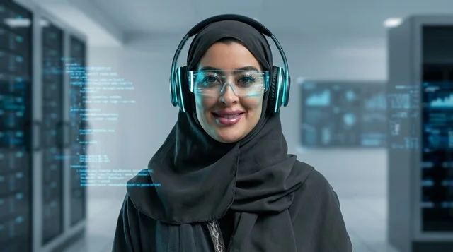 Saudi Female Programmer in Modern Data Center Room