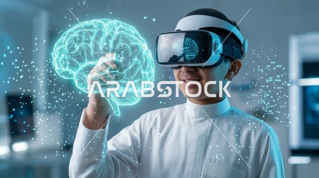طفل سعودي بنظارة واقع افتراضي يستكشف مجسم الدماغ الرقمي