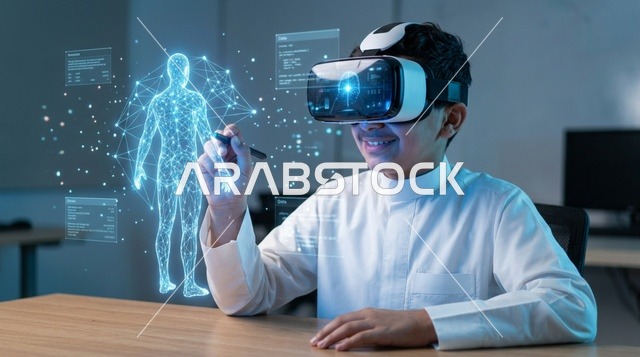 طفل سعودي يستخدم نظارة الواقع الافتراضي لدراسة الهولوغرام