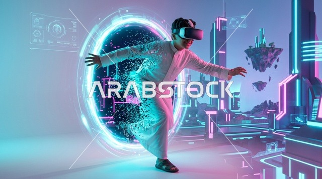 فتى سعودي بالثوب يرتدي نظارة واقع افتراضي في مدينة مستقبلية