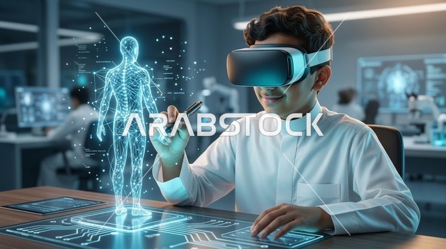 طالب سعودي يستخدم نظارة الواقع الافتراضي لدراسة الهولوغرام