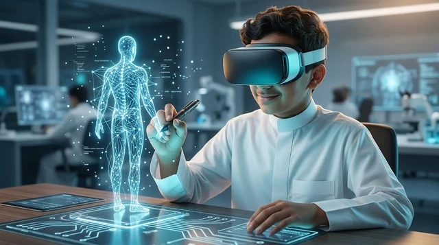 Saudi Boy in VR Headset studying Human Anatomy Hologram