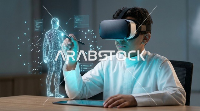 طفل سعودي يستخدم نظارة الواقع الافتراضي مع الهولوغرام