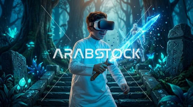 Saudi Boy Wearing VR Headset Gaming in White Thobe