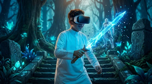 Saudi Boy Wearing VR Headset Gaming in White Thobe