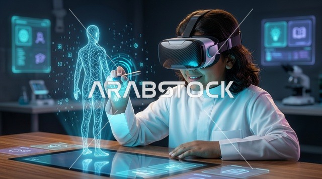 Saudi Boy Using VR Headset to Study Human Anatomy Hologram