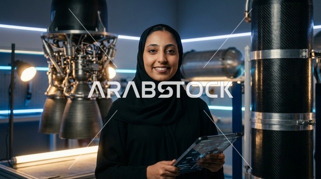 مهندسة فضاء إماراتية بالعباءة والحجاب في مختبر تقني
