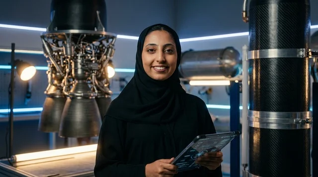 Emirati Female Engineer in Aerospace Lab with Tablet