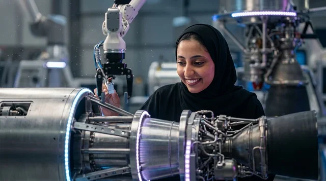 مهندسة إماراتية تعمل في مختبر الروبوتات