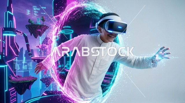 Saudi Boy Wearing VR Headset in Futuristic Metaverse