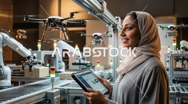 مهندسة عربية داخل مستودع ذكي ومصنع مؤتمت بالكامل