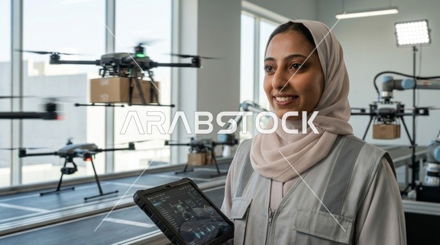 مهندسة عربية مع طائرات بدون طيار في مستودع ذكي