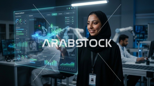 مهندسة سعودية تستخدم شاشة عرض رقمية مستقبلية في مصنع