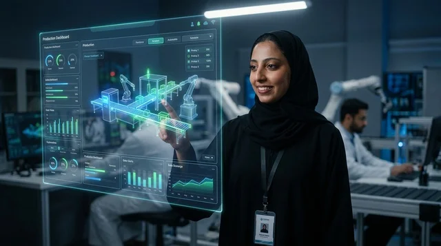 مهندسة سعودية تستخدم شاشة عرض رقمية مستقبلية في مصنع