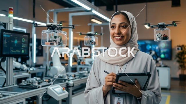 مهندسة عربية محجبة في مختبر روبوتات مع جهاز لوحي