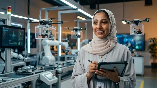 مهندسة عربية محجبة في مختبر روبوتات مع جهاز لوحي