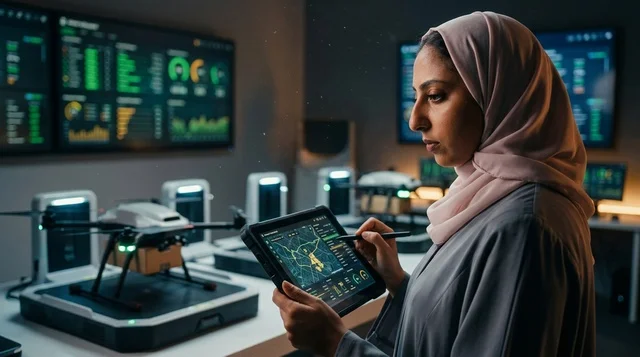 A Saudi engineer manages smart logistics services in Riyadh.