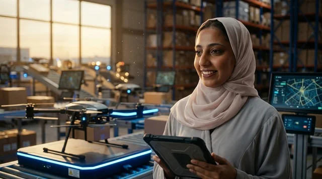 A Saudi engineer manages smart logistics services in Riyadh.