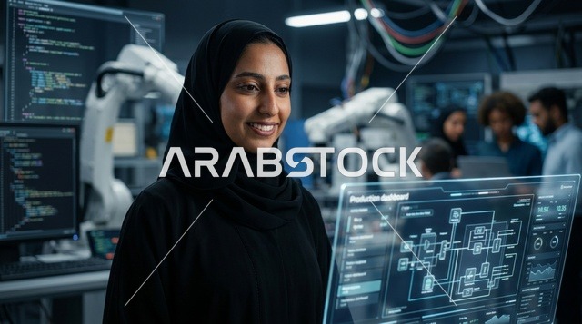 A Saudi engineer in a technical laboratory for robotics and artificial intelligence.
