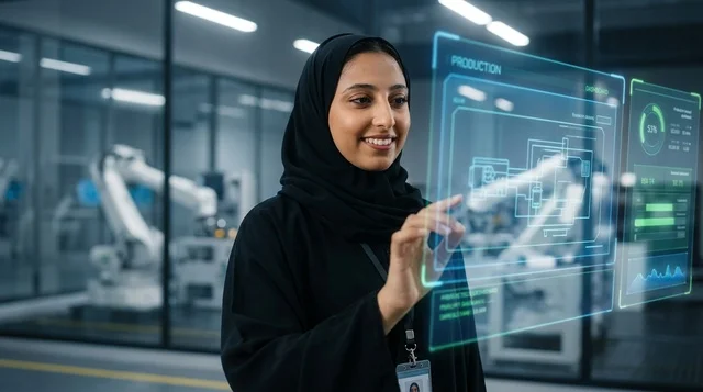 A Saudi engineer in a technical laboratory for robotics and artificial intelligence.