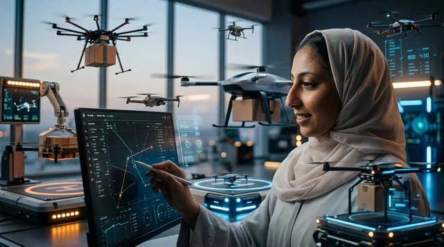 Arab Female Engineer Controlling Delivery Drones in Lab