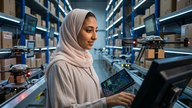 مهندسة سعودية تدير طائرات الدرون في مستودع ذكي حديث