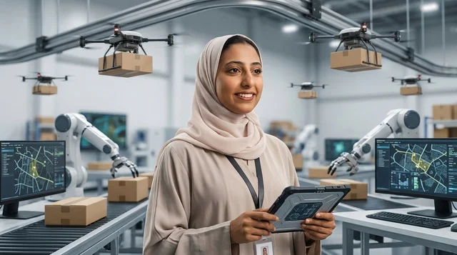 A Saudi engineer manages smart logistics services in Riyadh.