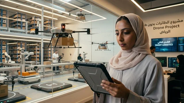Saudi Woman Managing Smart Drone Logistics in Riyadh