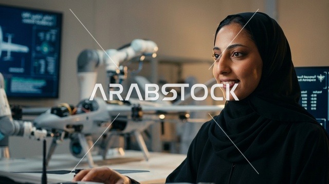 Saudi Female Engineer Working in High Tech Aerospace Lab