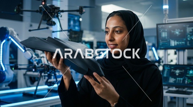 مهندسة إماراتية بالعباءة والحجاب في مختبر تكنولوجيا متطور