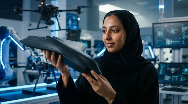 مهندسة إماراتية بالعباءة والحجاب في مختبر تكنولوجيا متطور