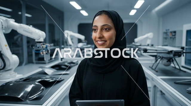 مهندسة سعودية مبتسمة في مختبر روبوتات وتقنية حديثة