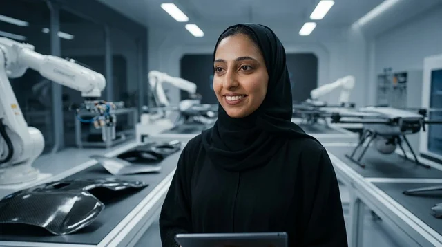 مهندسة سعودية مبتسمة في مختبر روبوتات وتقنية حديثة