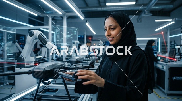 مهندسة سعودية تعمل على طائرة بدون طيار في مختبر
