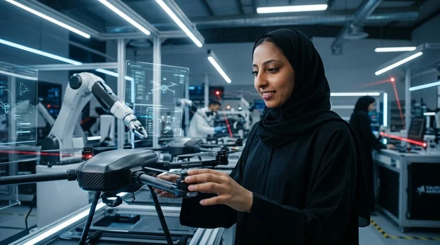 مهندسة سعودية تعمل على طائرة بدون طيار في مختبر