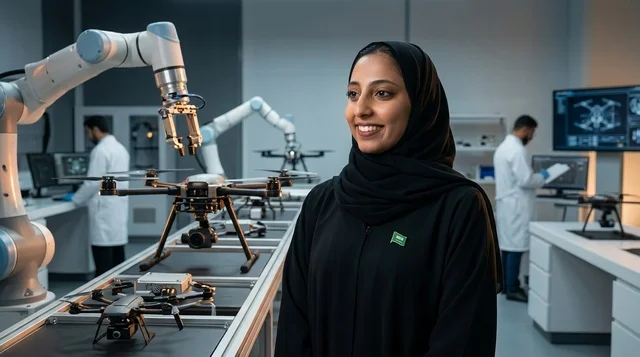 مهندسة سعودية في مختبر تقني متطور للروبوتات والذكاء