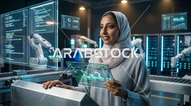 مهندسة عربية تدير أجهزة داخل مصنع ذكي مستقبلي