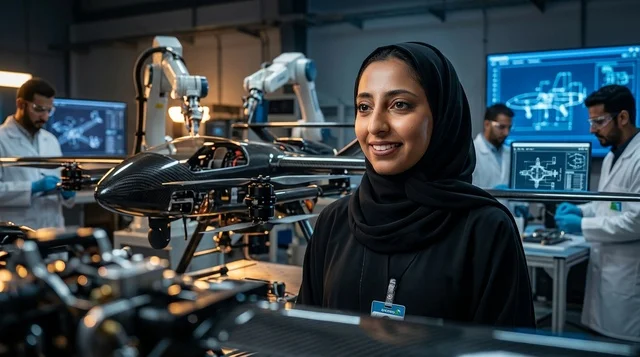 مهندسة إماراتية في مختبر تقني متطور للروبوتات والطيران