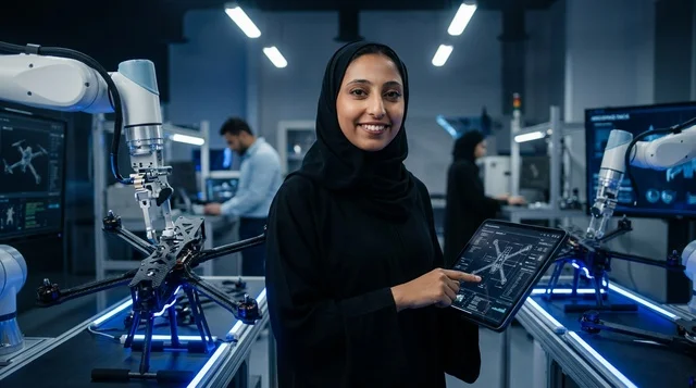 مهندسة سعودية بالعباءة في مختبر الروبوتات الحديث