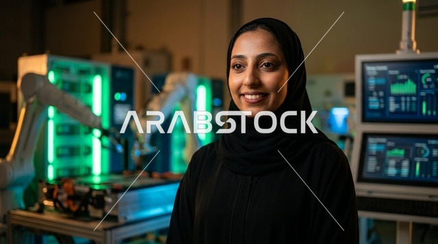 مهندسة إماراتية مبتسمة في مختبر الروبوتات المتطور